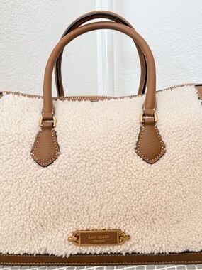 Kate Spade cream sherpa satchel with brown leather trim